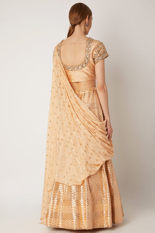Embroidered Peach Draped Lehenga Set - Auraya Fashion - - #tag1# - #tag2# - #tag3# - #tag3#