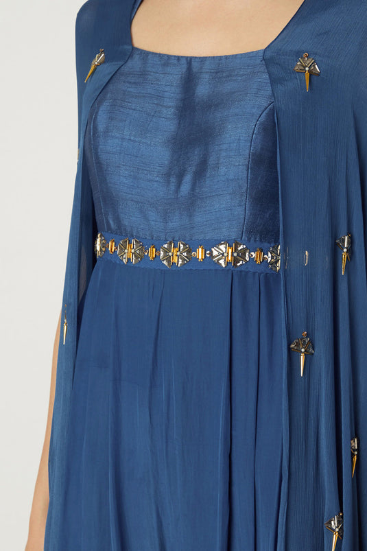 Embroidered Indigo Blue Jumpsuit With Attached Cape - Auraya Fashion - - #tag1# - #tag2# - #tag3# - #tag3#