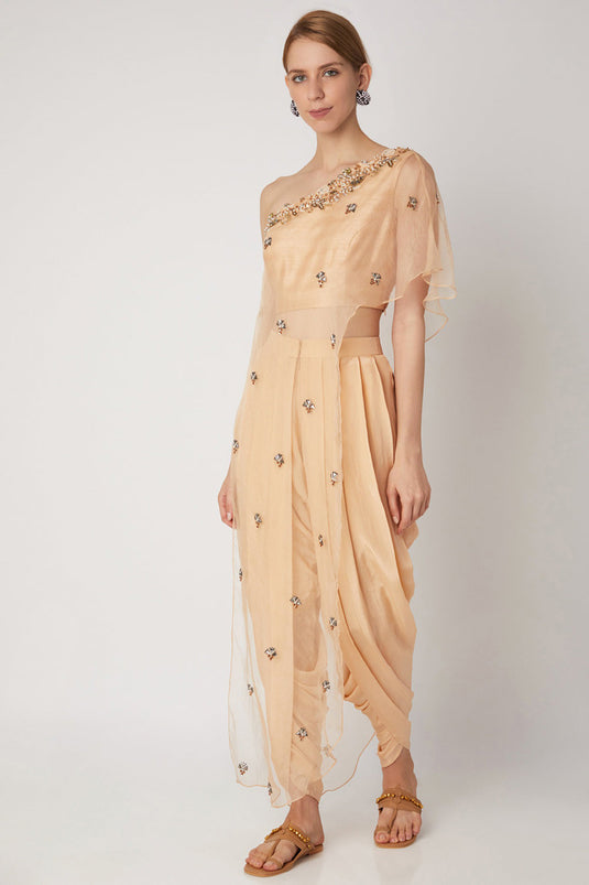 Embroidered Peach Dhoti Set - Auraya Fashion - Nidhika Shekhar - #tag1# - #tag2# - #tag3# - #tag3#