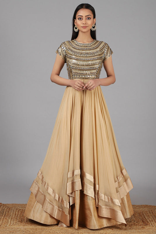 Hand Embroidered Beige Gown - Auraya Fashion - Nidhika Shekhar - #tag1# - #tag2# - #tag3# - #tag3#
