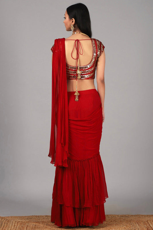 Embroidered Red Pre Stitched Saree Set - Auraya Fashion - - #tag1# - #tag2# - #tag3# - #tag3#