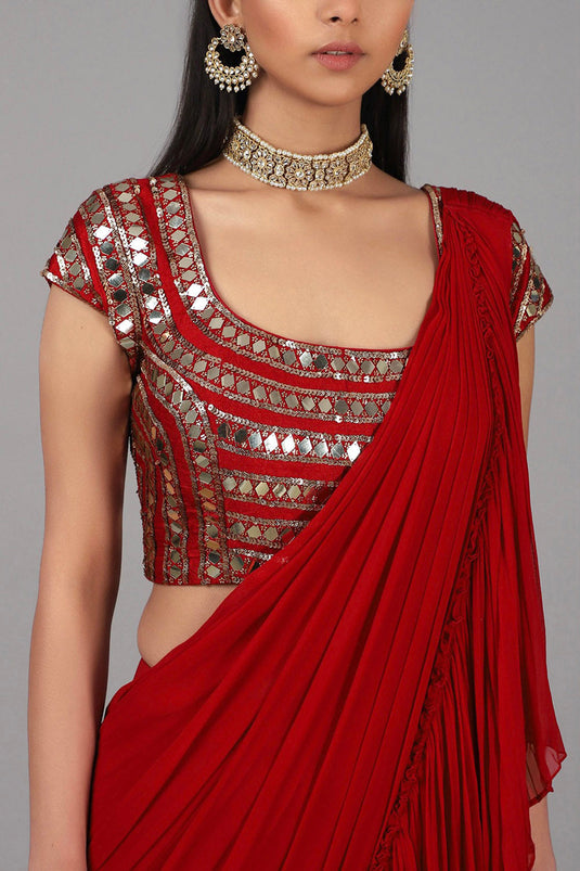 Embroidered Red Pre Stitched Saree Set - Auraya Fashion - - #tag1# - #tag2# - #tag3# - #tag3#