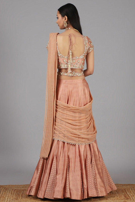 Embroidered Peach Lehenga Set - Auraya Fashion - - #tag1# - #tag2# - #tag3# - #tag3#