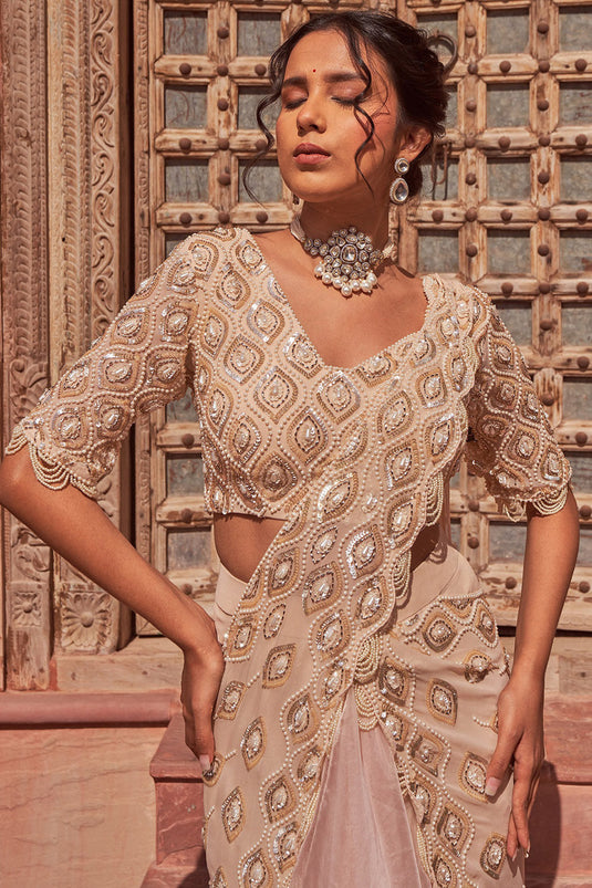 Embellished Champagne Georgette Draped Saree Set - Auraya Fashion - - #tag1# - #tag2# - #tag3# - #tag3#