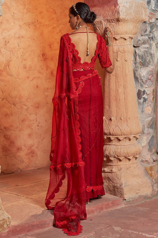 Organza & Crepe Red Embroidered Draped Saree Set - Auraya Fashion - - #tag1# - #tag2# - #tag3# - #tag3#