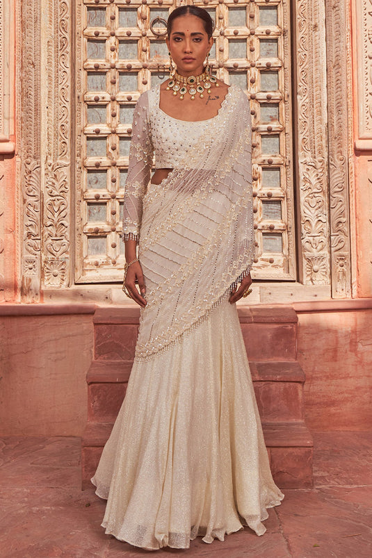 Sequins Ivory Georgette Embroidered Draped Lehenga Saree Set - Auraya Fashion - - #tag1# - #tag2# - #tag3# - #tag3#