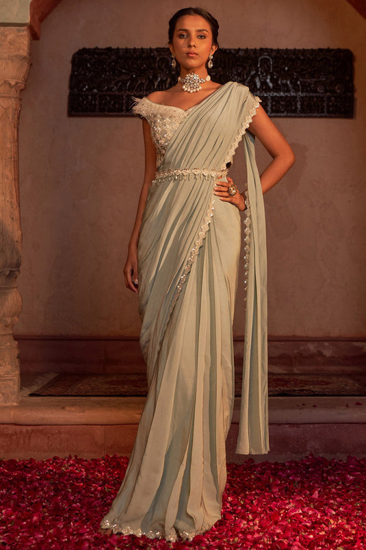 Crepe Sap Green Embroidered Draped Saree Set - Auraya Fashion - Nidhika Shekhar - #tag1# - #tag2# - #tag3# - #tag3#