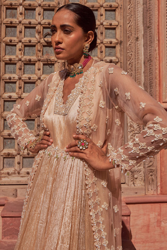 Silk Champagne Hand Embroidered Anarkali With Cape - Auraya Fashion - - #tag1# - #tag2# - #tag3# - #tag3#