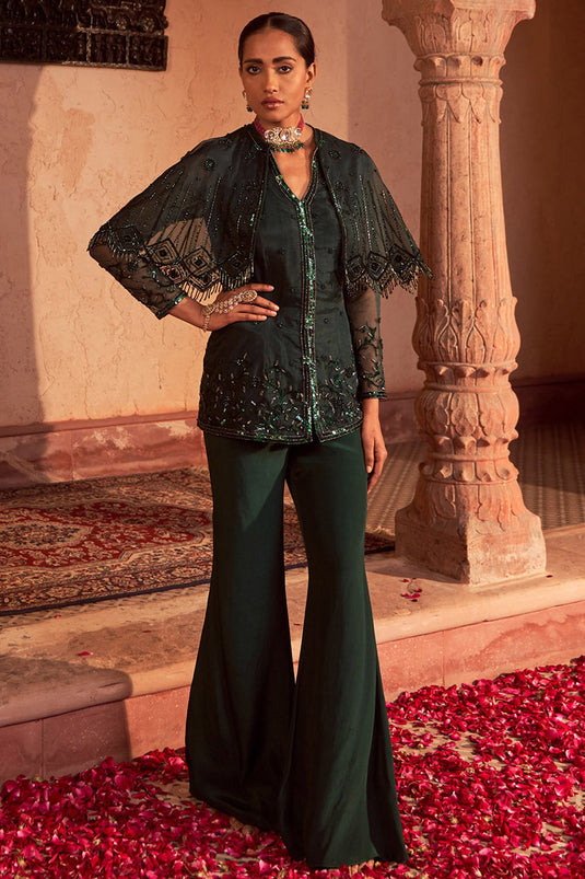 Crepe Bottle Green Sharara Set - Auraya Fashion - - #tag1# - #tag2# - #tag3# - #tag3#