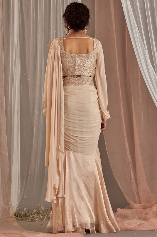Machine Embroidered Rose Champagne Ruffled Draped Saree Set - Auraya Fashion - - #tag1# - #tag2# - #tag3# - #tag3#