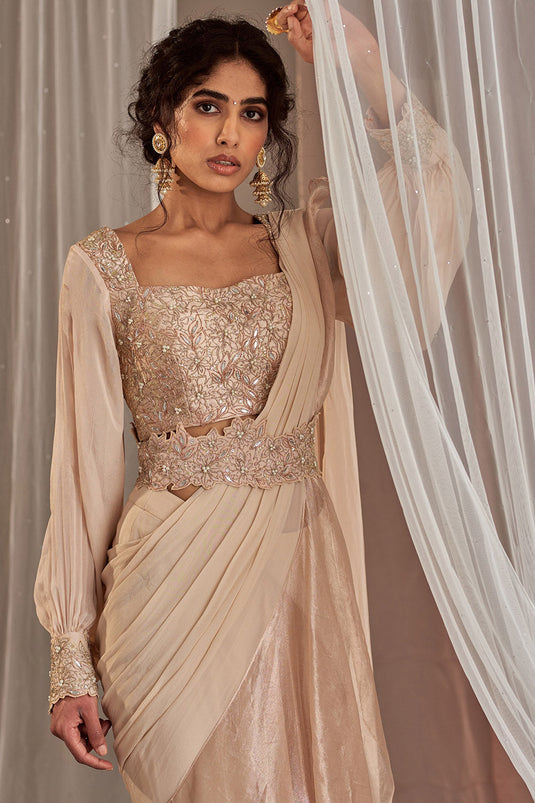 Machine Embroidered Rose Champagne Ruffled Draped Saree Set - Auraya Fashion - - #tag1# - #tag2# - #tag3# - #tag3#