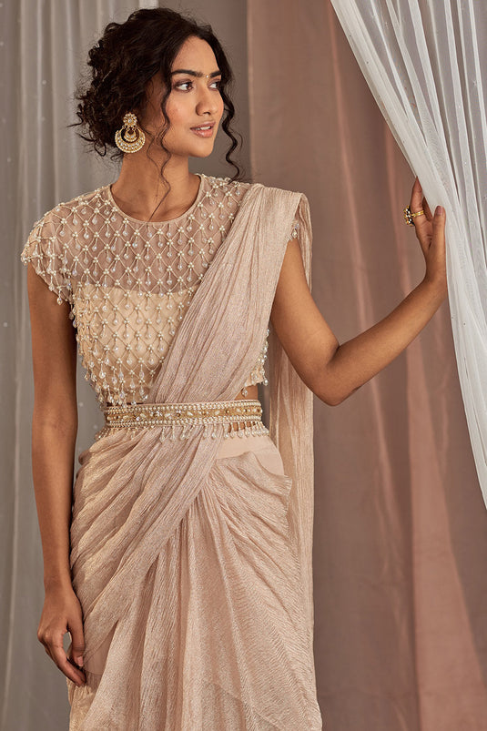 Hand Embroidered Rose Champagne Draped Saree Set - Auraya Fashion - - #tag1# - #tag2# - #tag3# - #tag3#