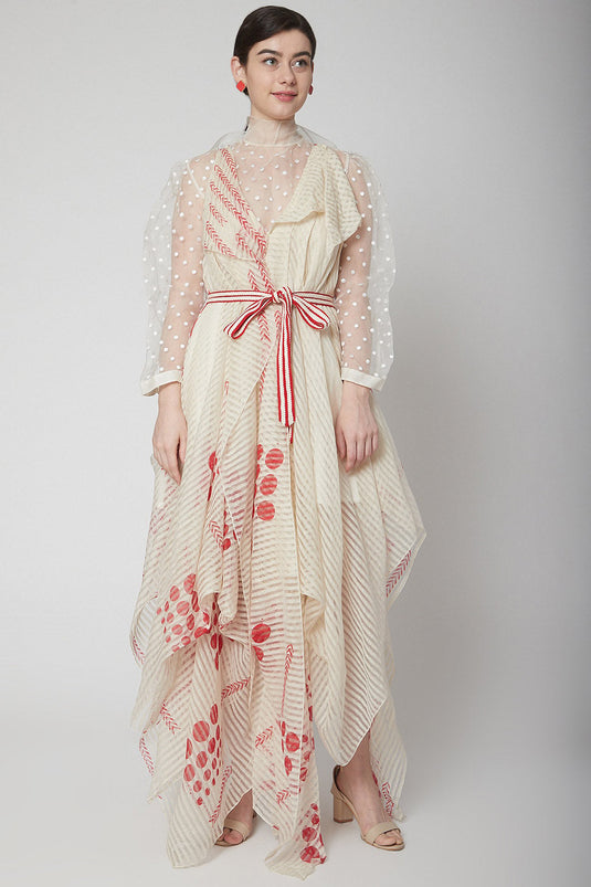 Printed White Dress With Blouse & Belt - Auraya Fashion - Nidhika Shekhar - #tag1# - #tag2# - #tag3# - #tag3#