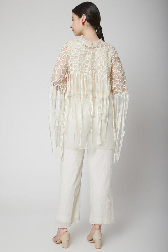 Embroidered White Cape With Fringes - Auraya Fashion - - #tag1# - #tag2# - #tag3# - #tag3#