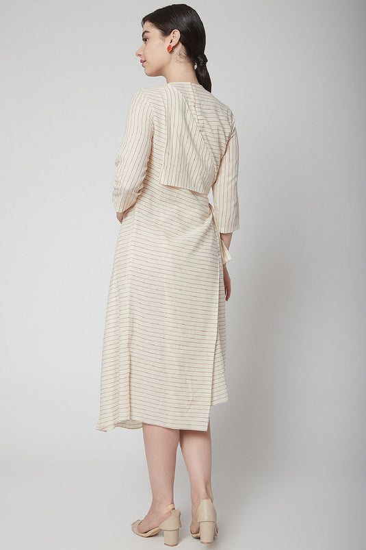 Draped Beige Dress With Stripes - Auraya Fashion - - #tag1# - #tag2# - #tag3# - #tag3#