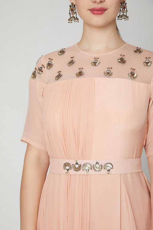 Embroidered Peach Jumpsuit With Attached Drape - Auraya Fashion - - #tag1# - #tag2# - #tag3# - #tag3#