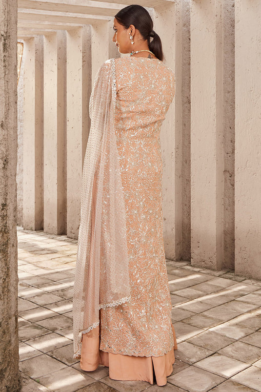 Georgette Salmon Pink & Net Lehenga Set - Auraya Fashion - - #tag1# - #tag2# - #tag3# - #tag3#