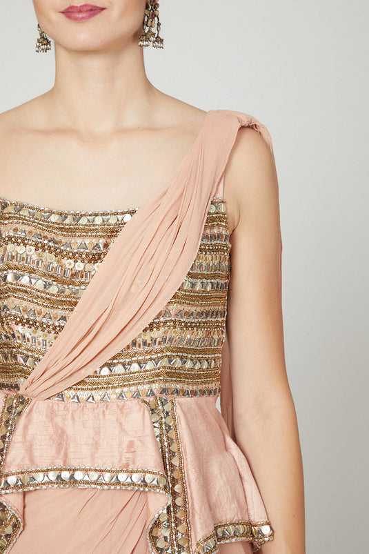 Embellished Salmon Pink Saree Gown - Auraya Fashion - - #tag1# - #tag2# - #tag3# - #tag3#