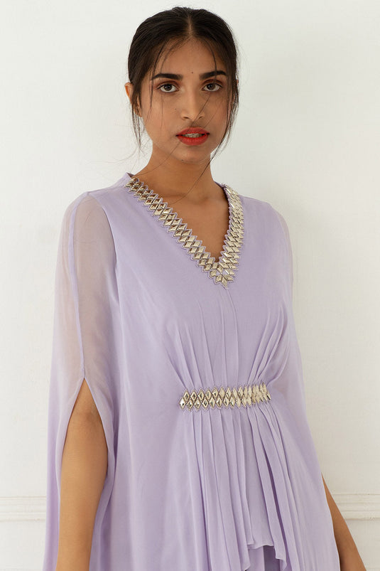 Hand Embroidered Lilac Draped Gown - Auraya Fashion - - #tag1# - #tag2# - #tag3# - #tag3#