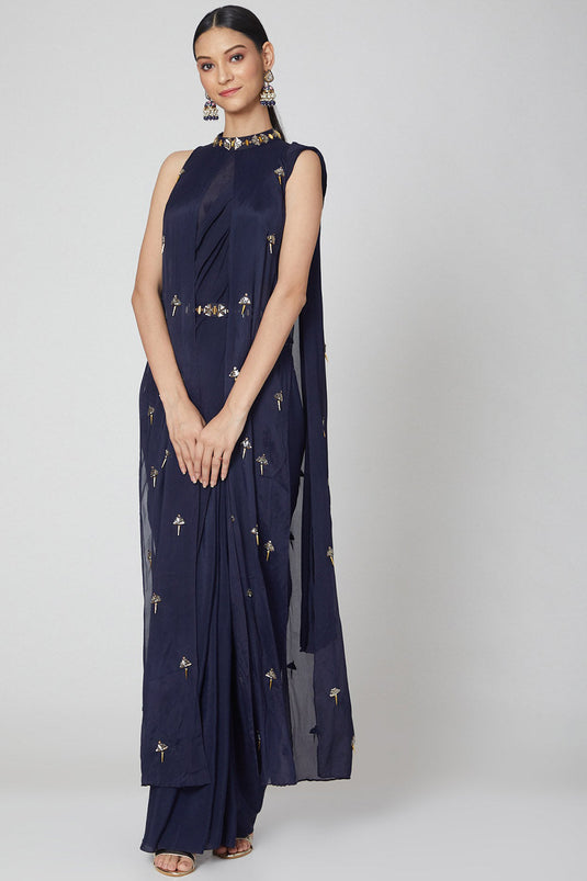 Navy Blue Pre-Stitched Draped Saree Set - Auraya Fashion - Nidhika Shekhar - #tag1# - #tag2# - #tag3# - #tag3#