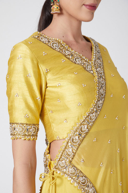 Embroidered Yellow Angrakha Kurta Set - Auraya Fashion - - #tag1# - #tag2# - #tag3# - #tag3#