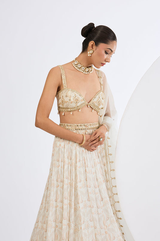 Printed Chinon Chiffon Ivory Lehenga Set with Pure Organza Dupatta