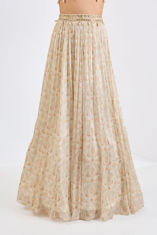 Printed Chinon Chiffon Ivory Lehenga Set with Pure Organza Dupatta