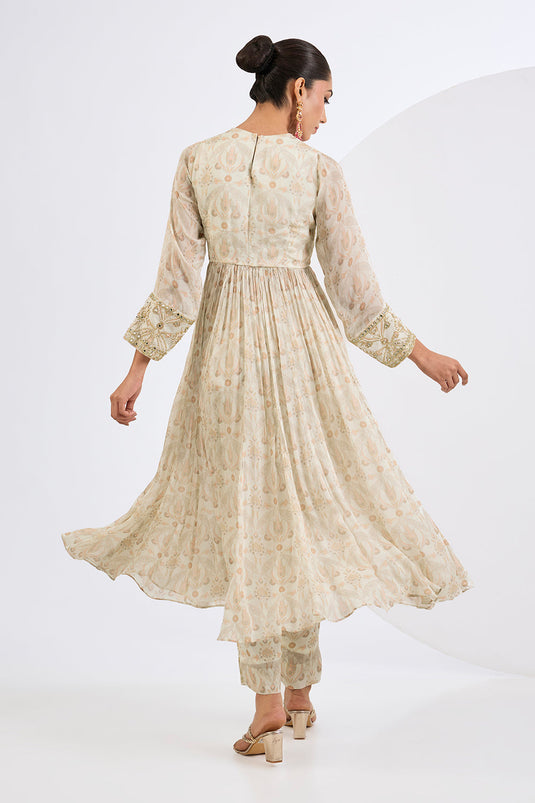 Printed Chinon Chiffon Ivory Anarkali Set with Viscose Chinon Dupatta