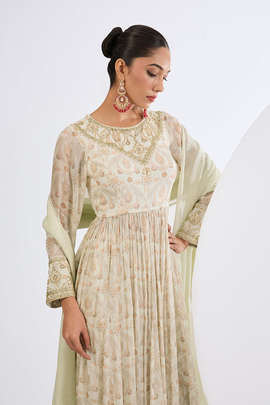 Printed Chinon Chiffon Ivory Anarkali Set with Viscose Chinon Dupatta