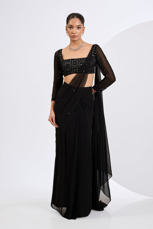 Pre Draped Mirror Embellished Saree with Embroidered Blouse