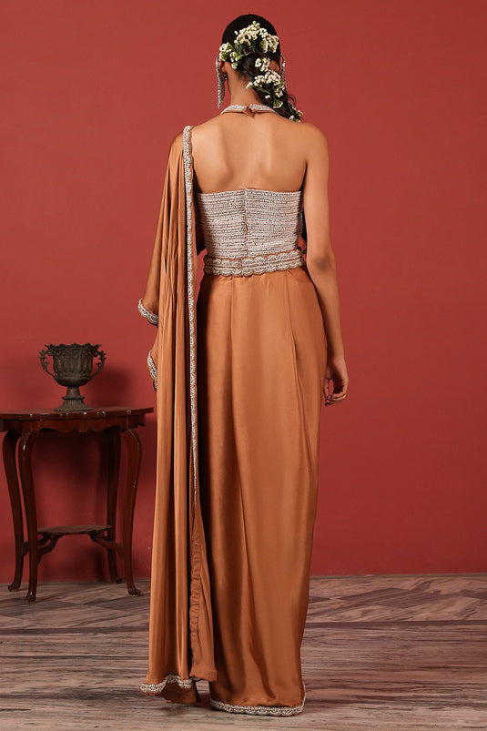 Pre-Draped Brown Saree Set with Slit Skirt