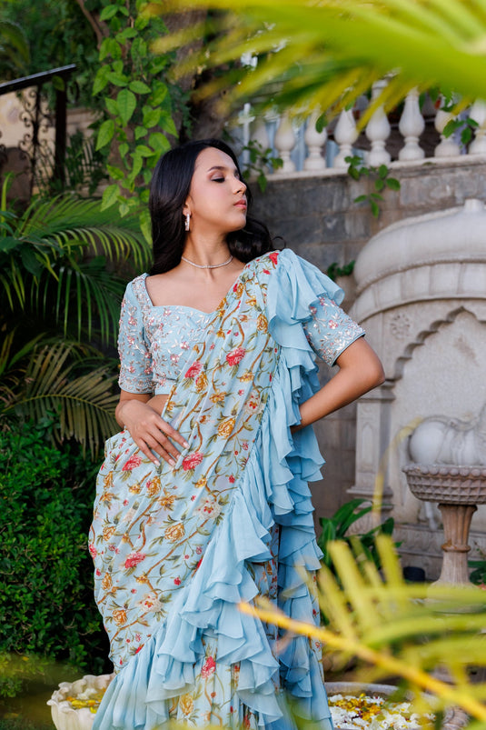 Powder blue ruffle saree
