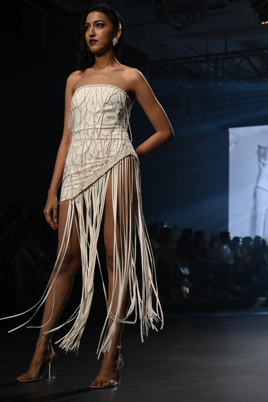 Ivory Short Dress with Embellishments and Cords