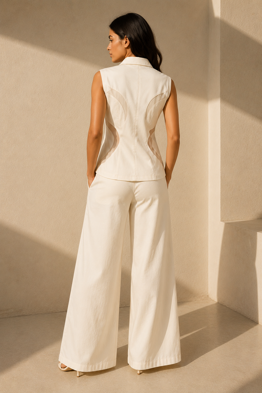 Ivory Cotton Blend Sleeveless Shirt & Wide-Leg Pants Co-Ord Set