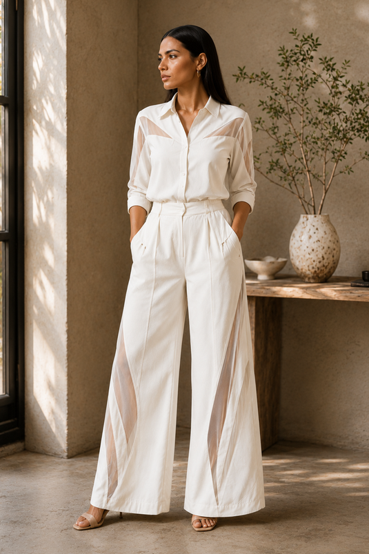 Ivory Cotton Blend Sheer Detail Shirt & Wide-Leg Pants Co-Ord Set for Women