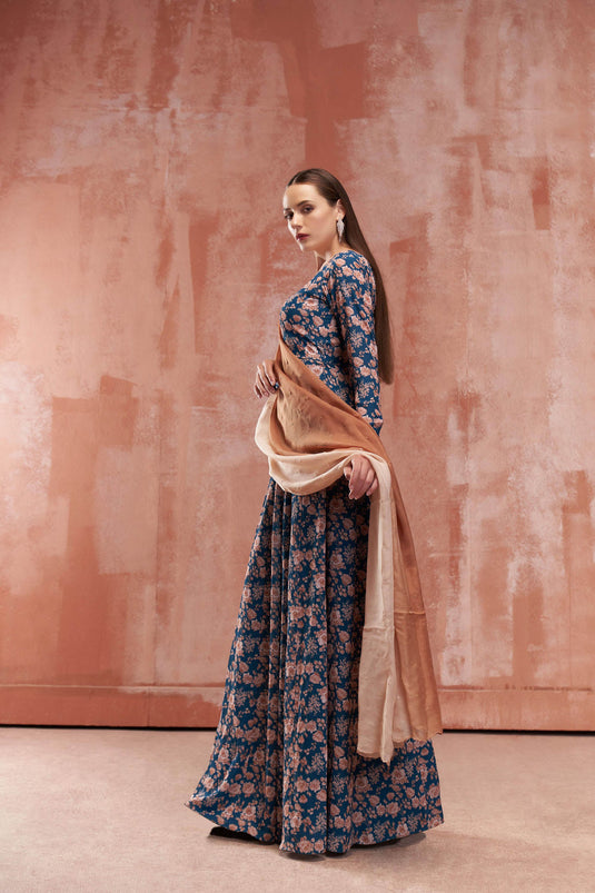 Teal Blue Floral Printed Anarkali Set