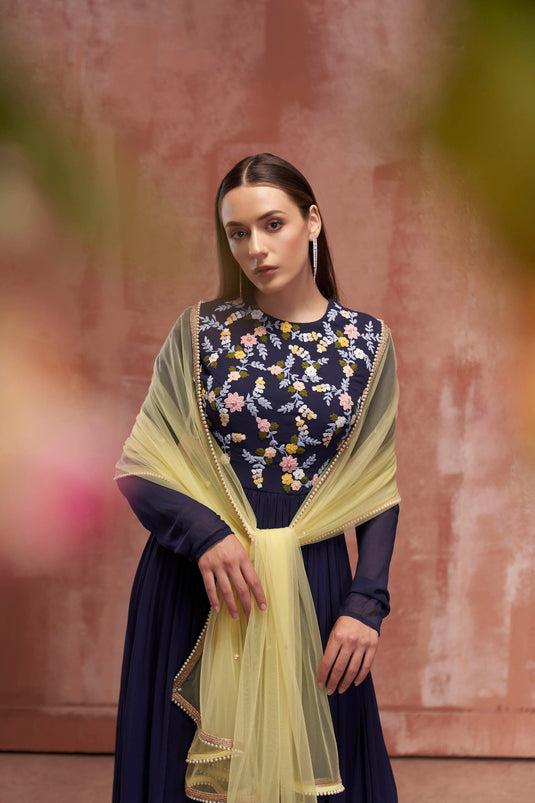 Dark Blue Embroidered Anarkali Set