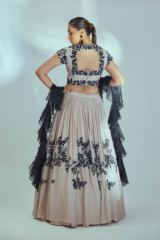 Beige black thread work lehenga set