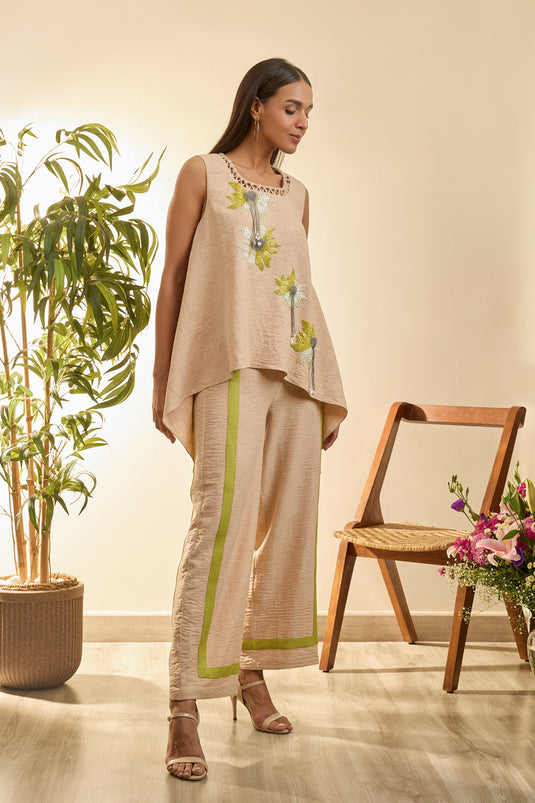 Beige Soft Bloom Co-Ord Set With Intricate Detailing