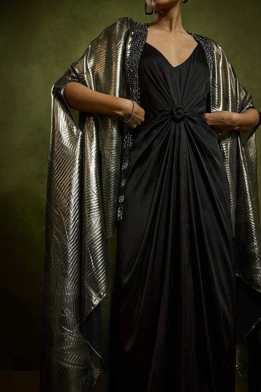 Sculpted Knot Dress with An Embossed Cape