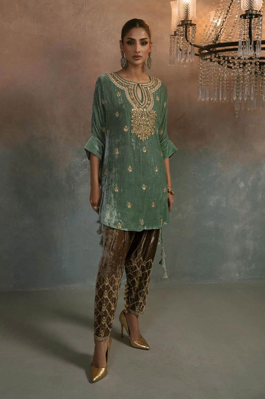 Aqua Mist Velvet Embroidered Co-ord Set