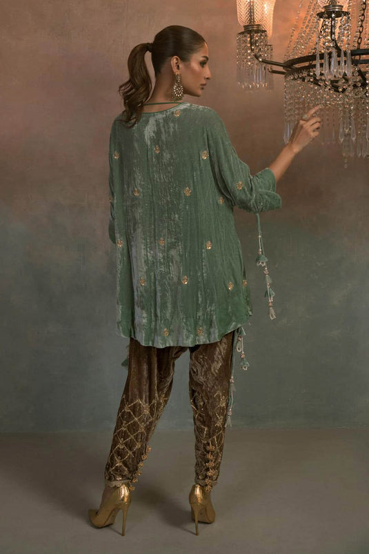 Aqua Mist Velvet Embroidered Co-ord Set
