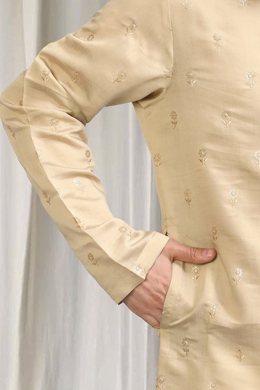 Beige Buta Embroidered Kurta With Back Elastic Pants