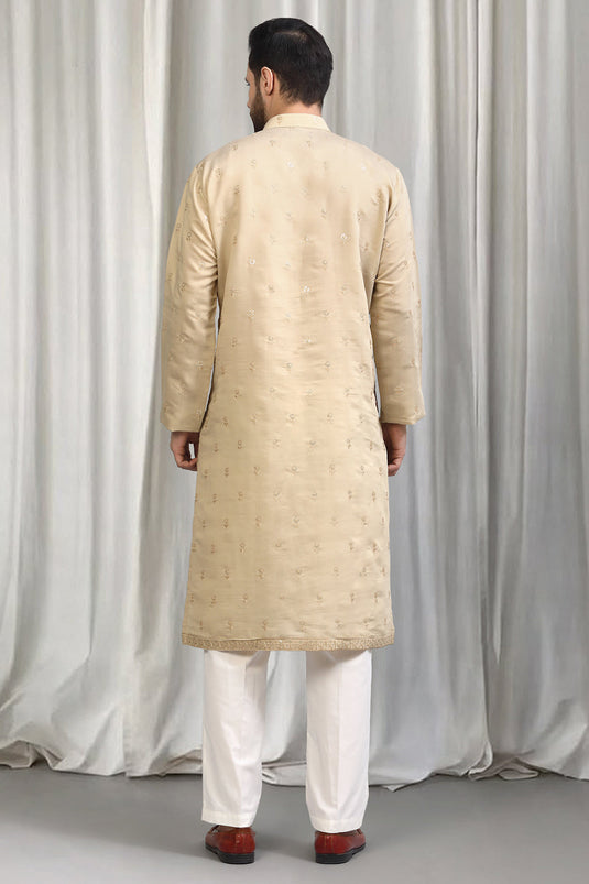 Beige Buta Embroidered Kurta With Back Elastic Pants