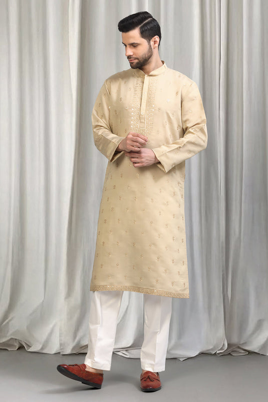 Beige Buta Embroidered Kurta With Back Elastic Pants