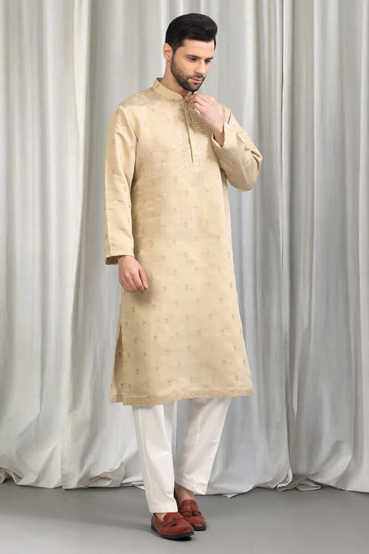Beige Buta Embroidered Kurta With Back Elastic Pants