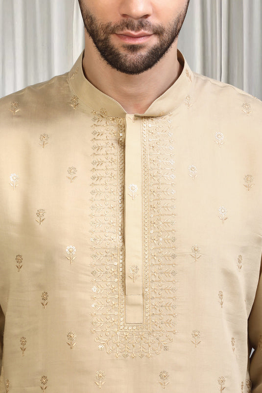 Beige Buta Embroidered Kurta With Back Elastic Pants
