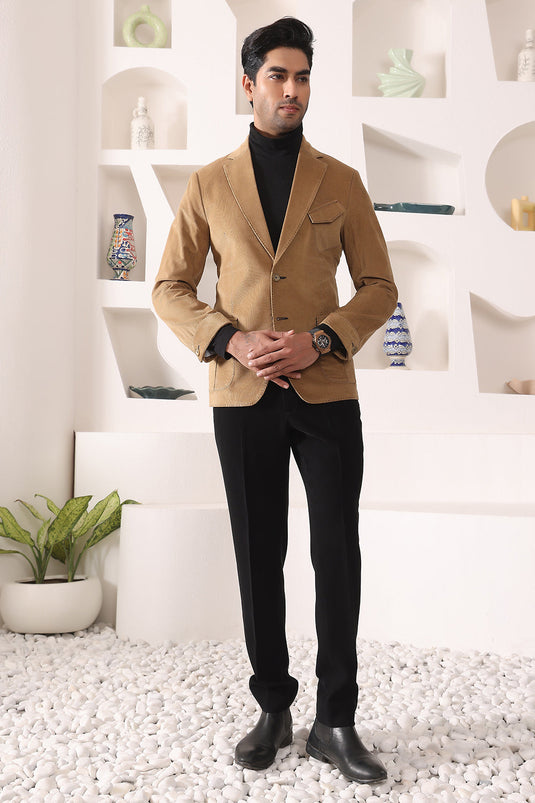 Beige Corduroy Blazer with patch pockets and thread details
