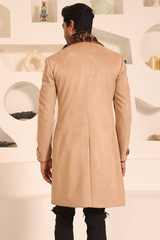 Beige Double Breasted Overcoat with Furr Lapel and Collar