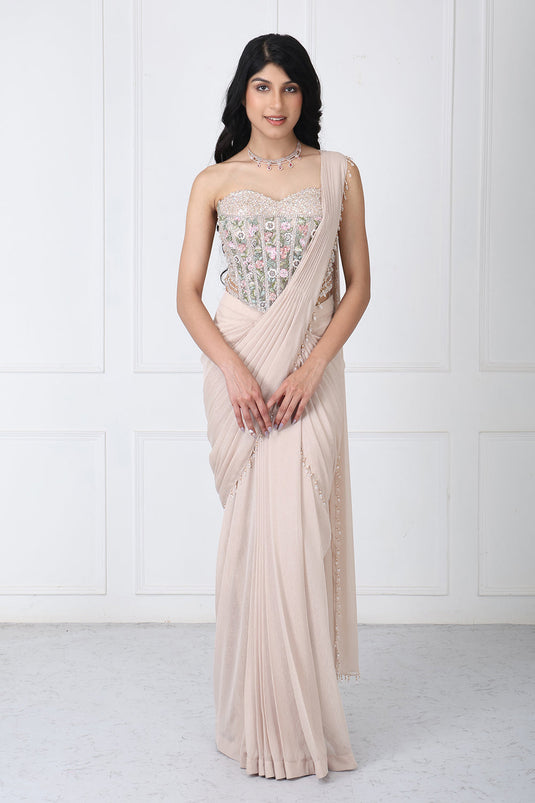 Beige Drape Saree With Floral Embroidered Corset